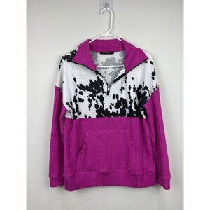 Crazy Train Pink Cow Print Pullover Quarter Zip Size XL Waffle Knit pocket thin
